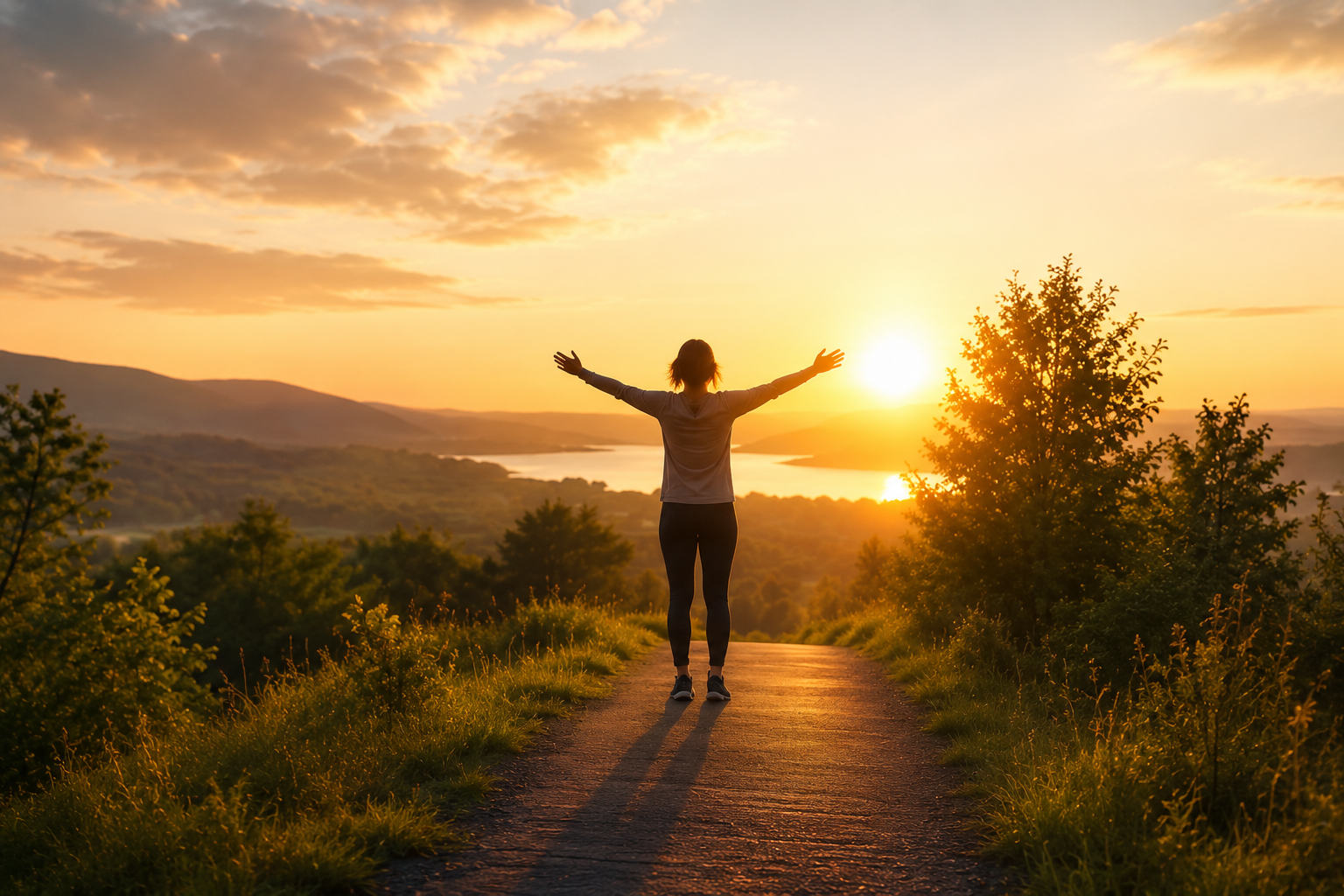 Person celebrating achievement at sunset on a mountain path